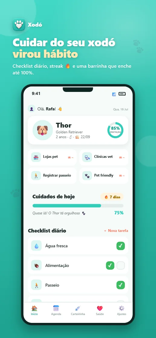 Tela inicial do Xodó com o checklist diário do pet
