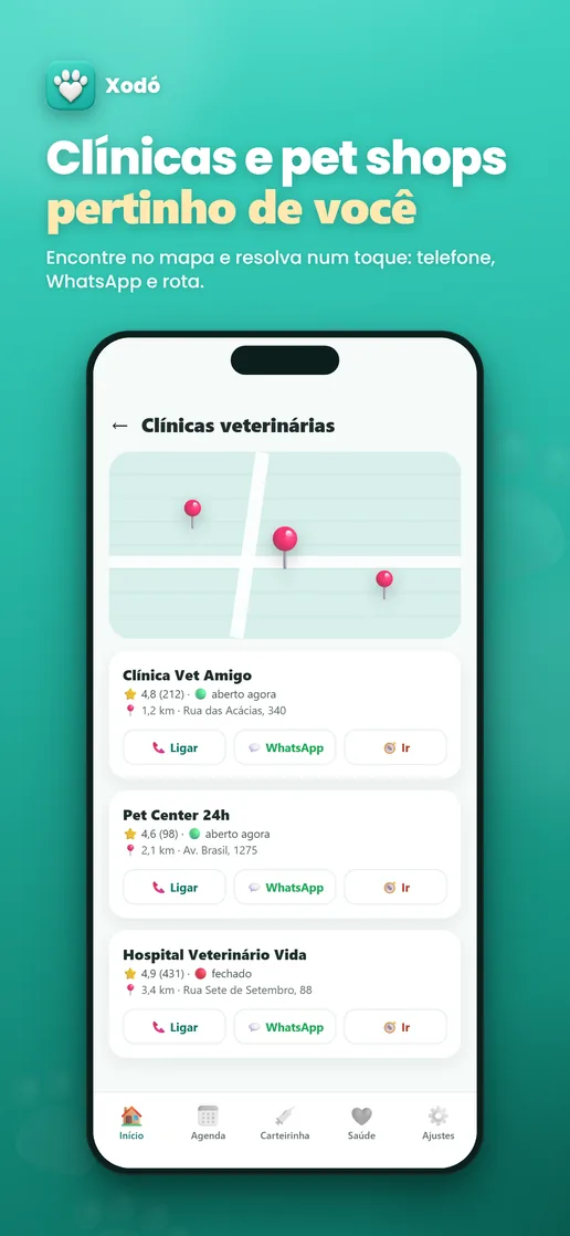 Mapa de clínicas veterinárias e pet shops perto de você